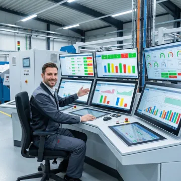 Industrial laundry automation control center with multiple monitoring screens