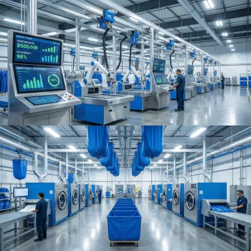 Modern automated industrial laundry facility with advanced sorting and processing equipment