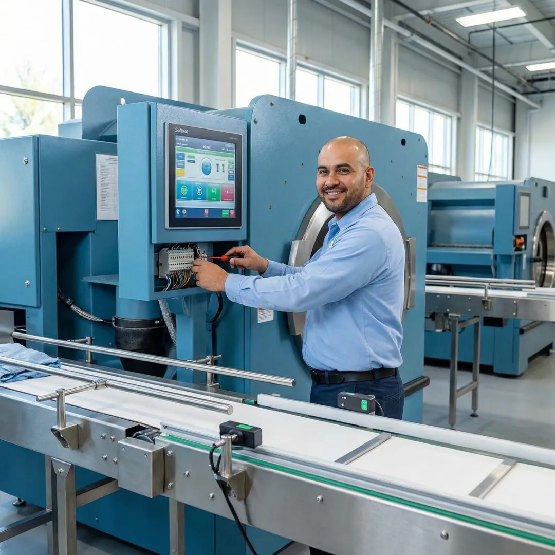 Laundry automation technician installing and configuring industrial control systems