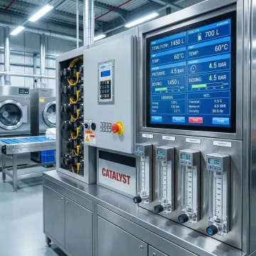 Advanced chemical injection system with digital controls in industrial laundry facility