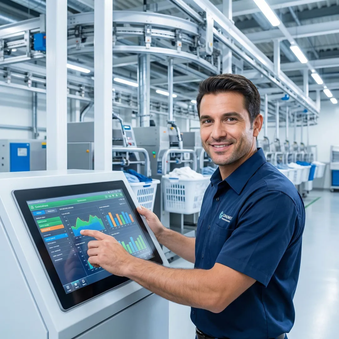 Operator using touchscreen control panel in automated laundry facility
