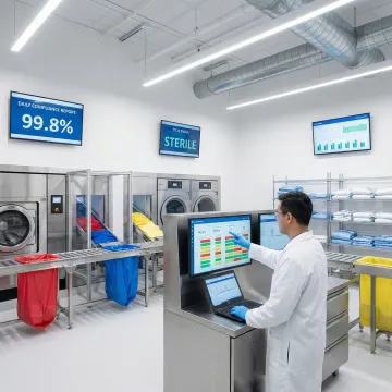 Healthcare laundry facility with automated compliance tracking system monitoring infection control protocols