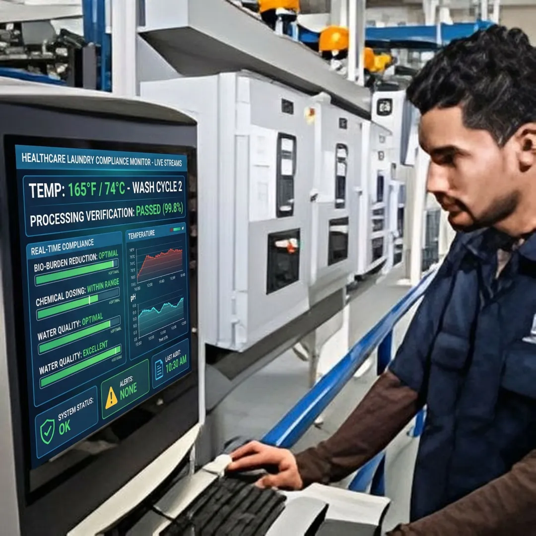 Digital control system displaying real-time infection control compliance metrics in healthcare laundry