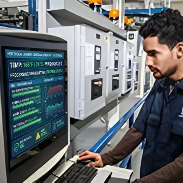 Digital control system displaying real-time infection control compliance metrics in healthcare laundry