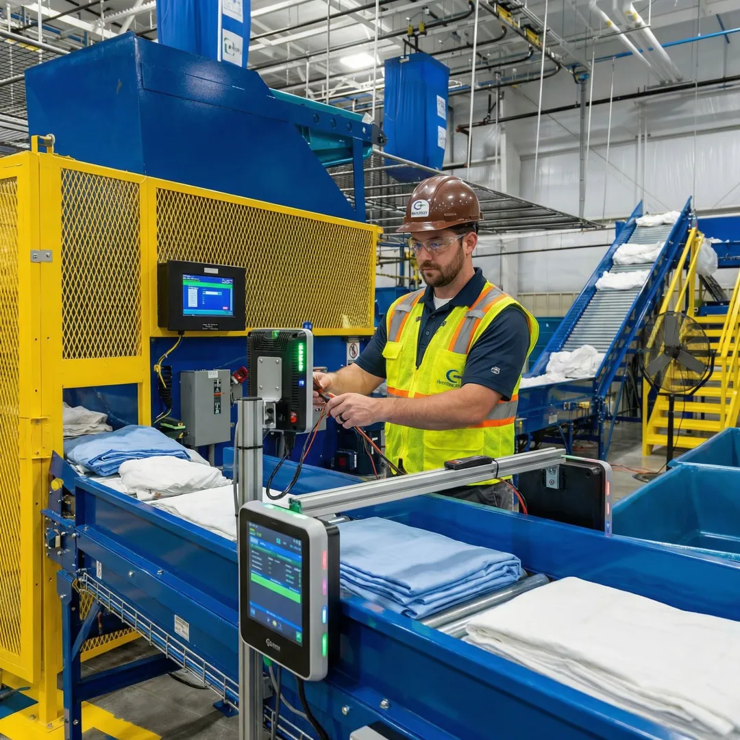 Technician installing automated linen sorting equipment in industrial laundry facility