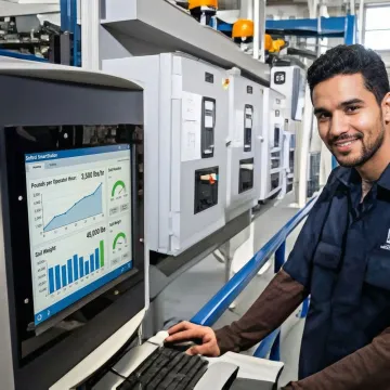 Industrial laundry worker using touchscreen productivity tracking system