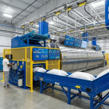 Industrial tunnel washer monitoring system with digital displays showing real-time throughput data