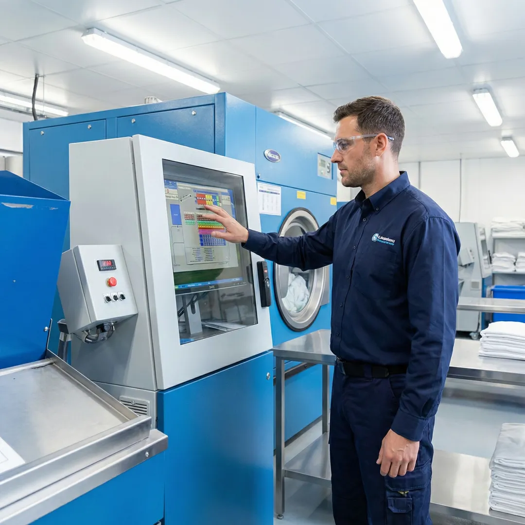 Industrial laundry technician programming washer extractor control system