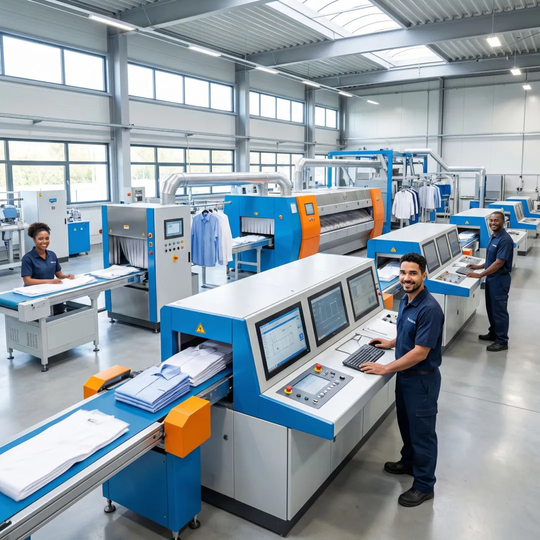 Automated laundry finishing line with press controls and conveyor systems