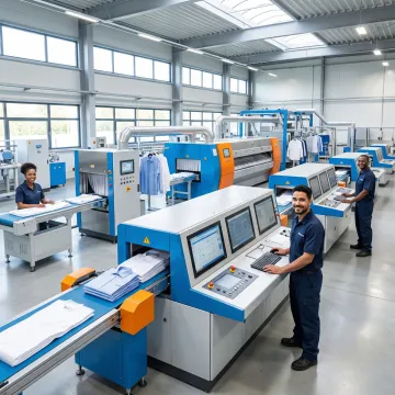 Automated laundry finishing line with press controls and conveyor systems