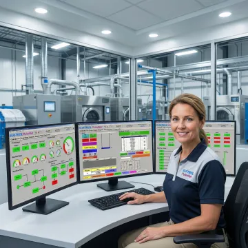 Automated laundry control center with touchscreen monitoring stations