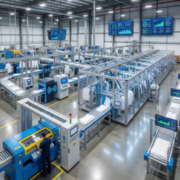 Modern automated industrial laundry facility with advanced sorting and tracking systems