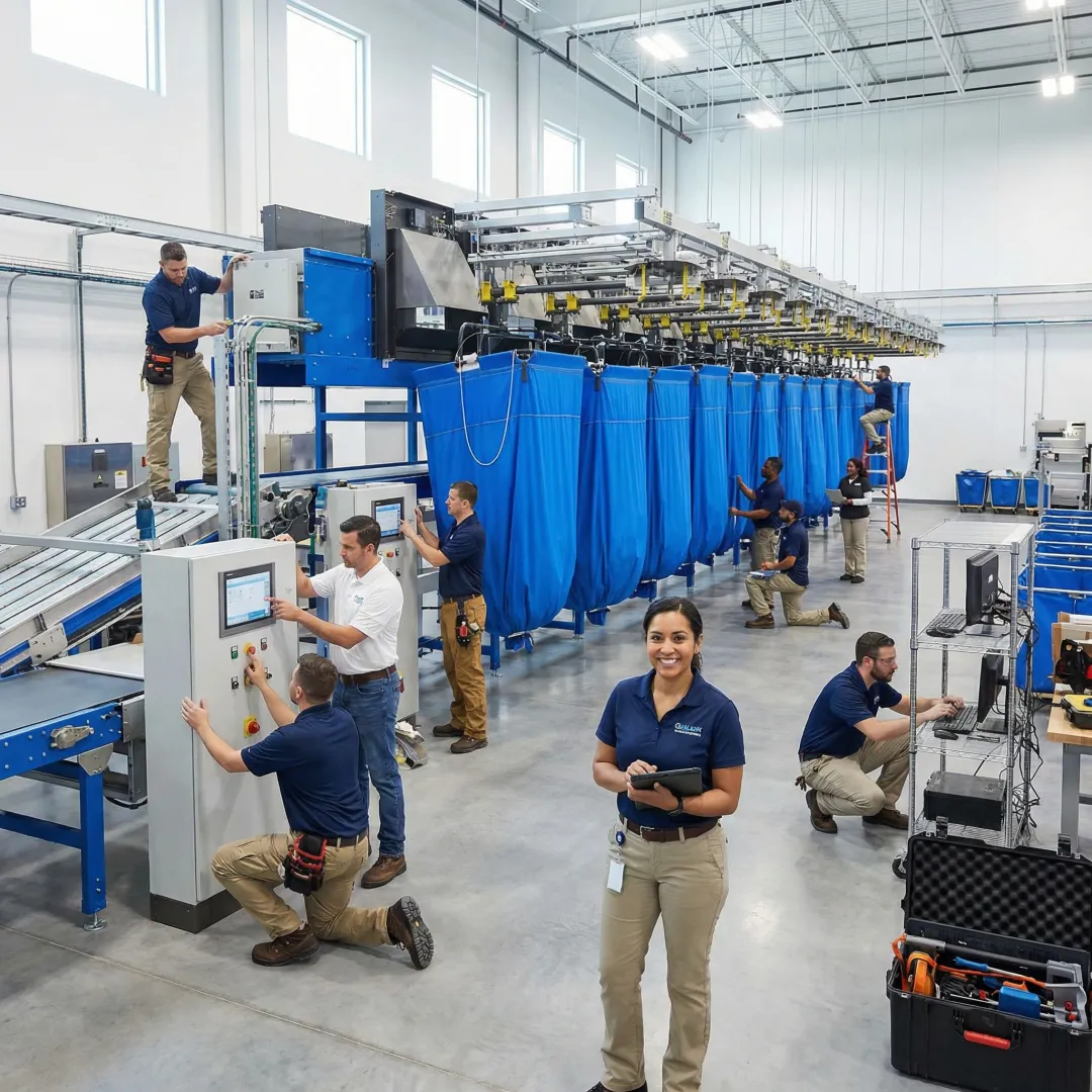 Industrial laundry automation implementation with technicians installing equipment