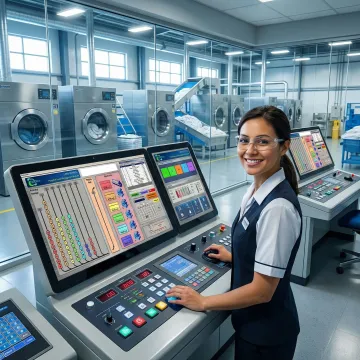 Advanced laundry control center with multiple monitoring screens showing real-time production data