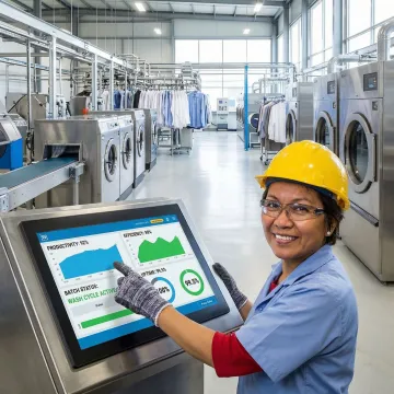 Industrial laundry automation control center with touchscreen monitoring stations
