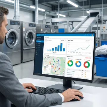 Advanced uniform tracking software dashboard showing real-time garment inventory and route management