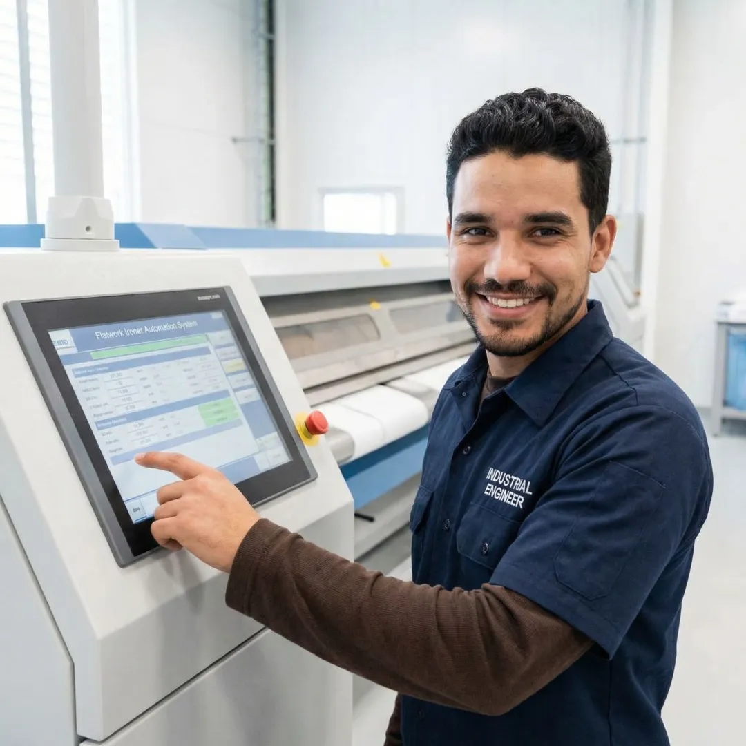 Engineer programming flatwork ironer automation control panel in industrial laundry