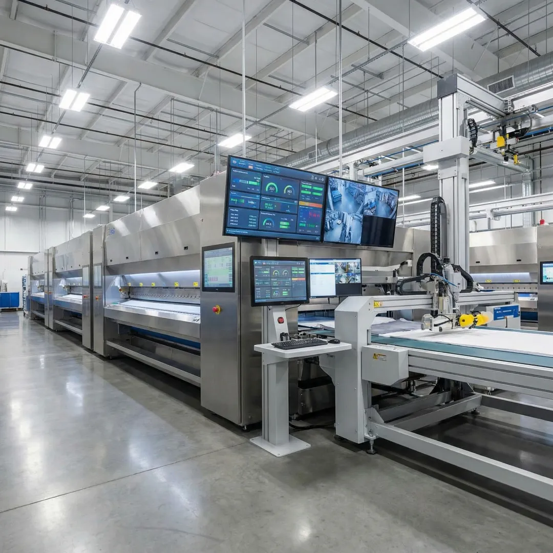 Industrial flatwork ironer with automated controls and digital monitoring system in modern laundry facility