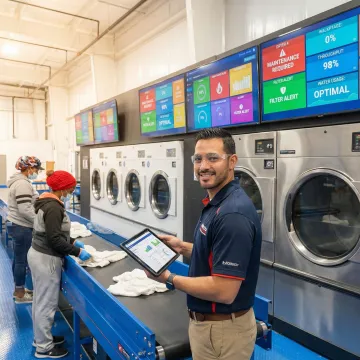 Commercial laundry facility with advanced monitoring systems displaying real-time equipment performance data
