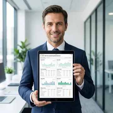Laundry chain manager reviewing multi-facility performance dashboard on tablet