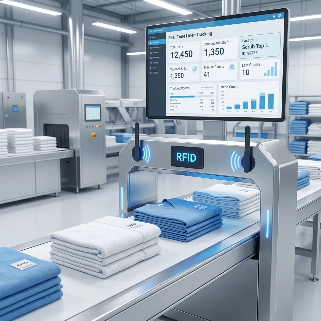 RFID scanning station tracking hospital linens and uniforms