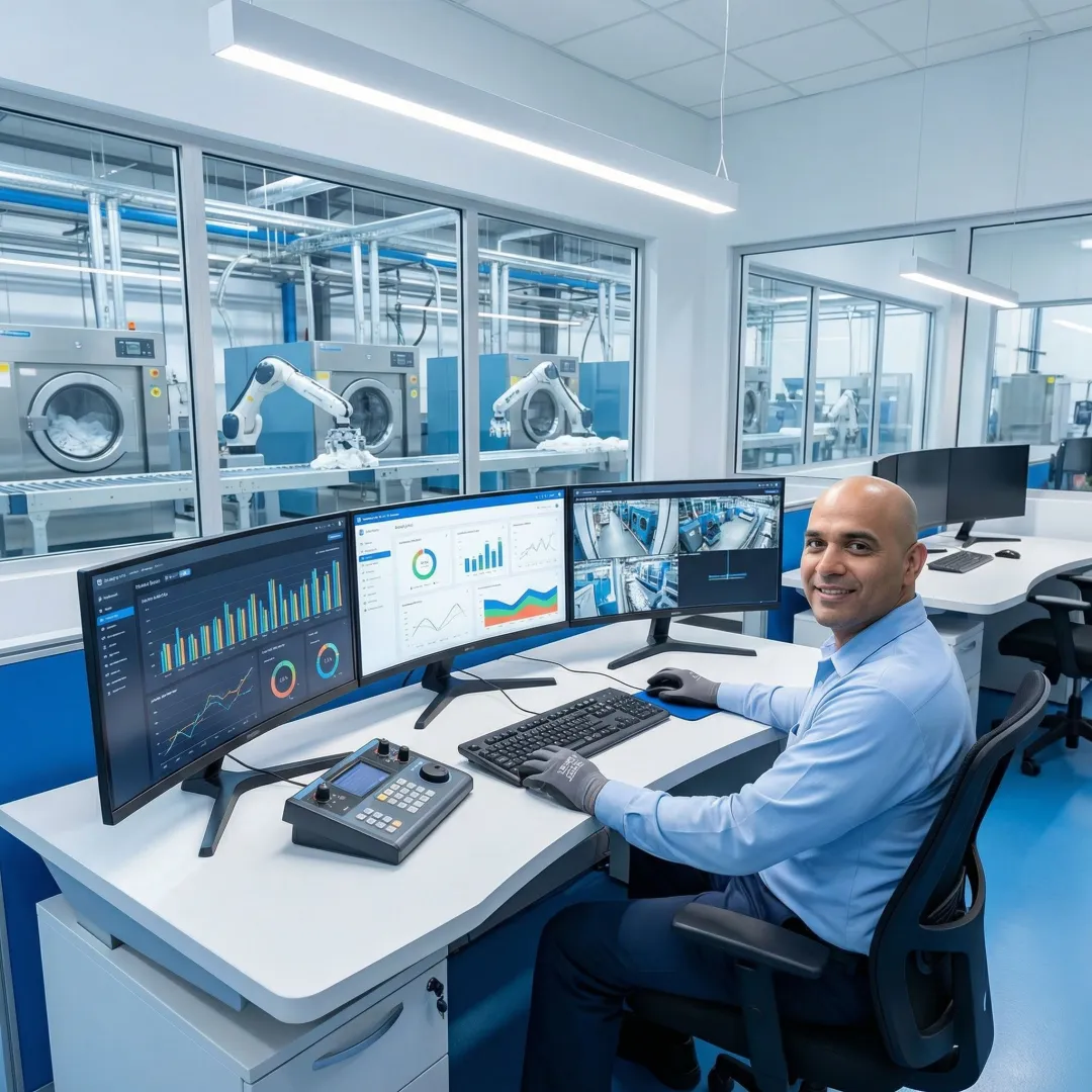 Automated laundry control center with real-time monitoring displays