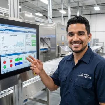 Technician programming industrial laundry automation control system with touchscreen interface