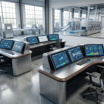 Industrial laundry control center with touchscreen monitoring stations and automation equipment