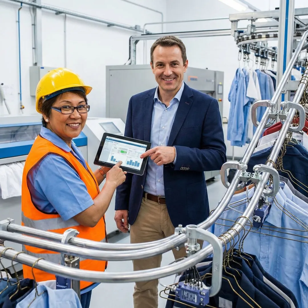 Softrol engineer working with client on automated laundry system installation and training