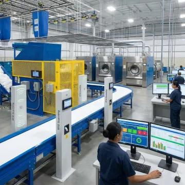 Modern automated industrial laundry facility with conveyor systems and sorting equipment