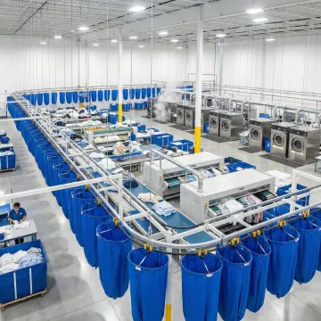 Modern automated industrial laundry facility with advanced sorting and processing equipment in New Jersey