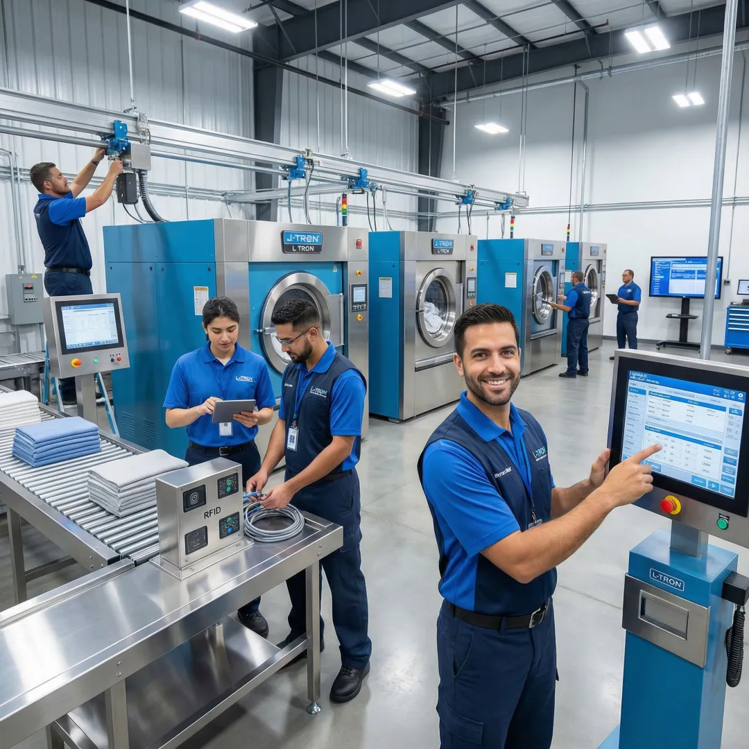 Industrial laundry technicians implementing automated sorting and tracking systems