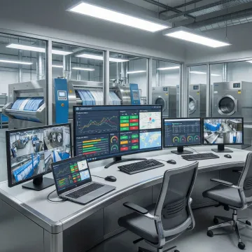 Automated laundry control center with multiple monitoring screens showing production data