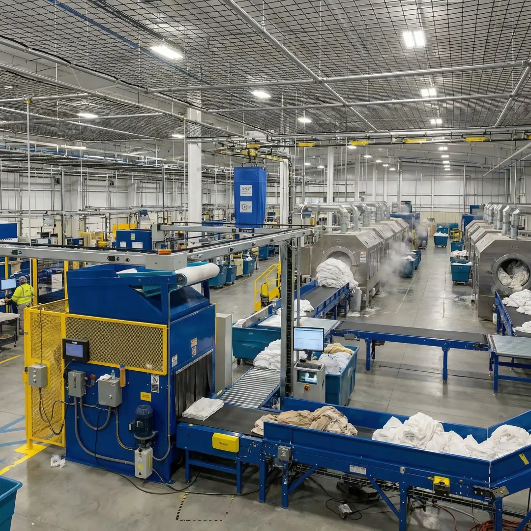 Modern automated industrial laundry facility with conveyor systems and sorting equipment in Michigan