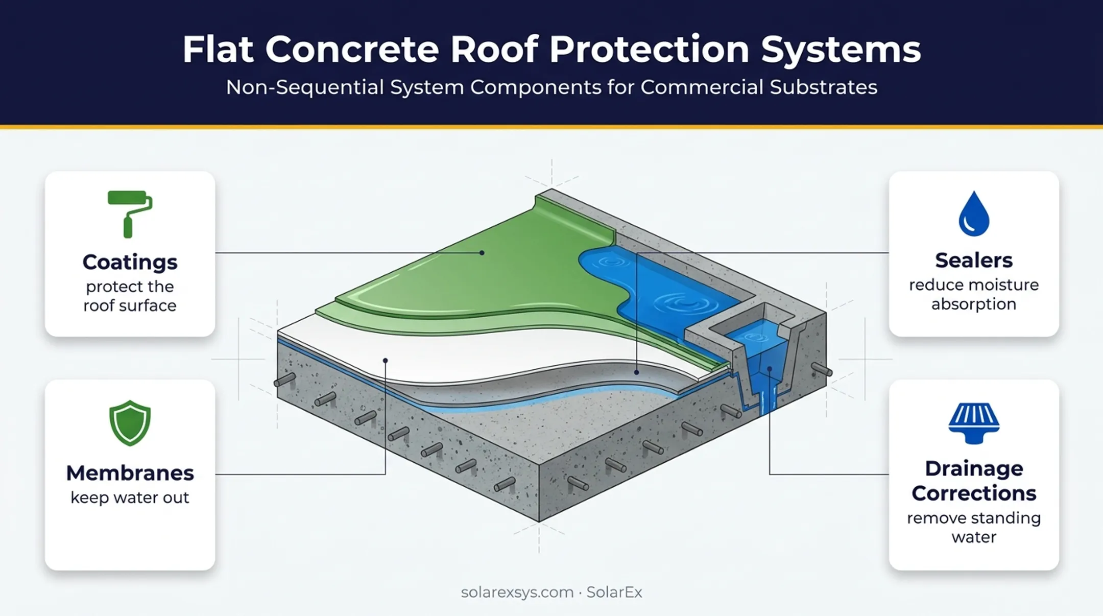 Flat concrete roof waterproofing system components and drainage