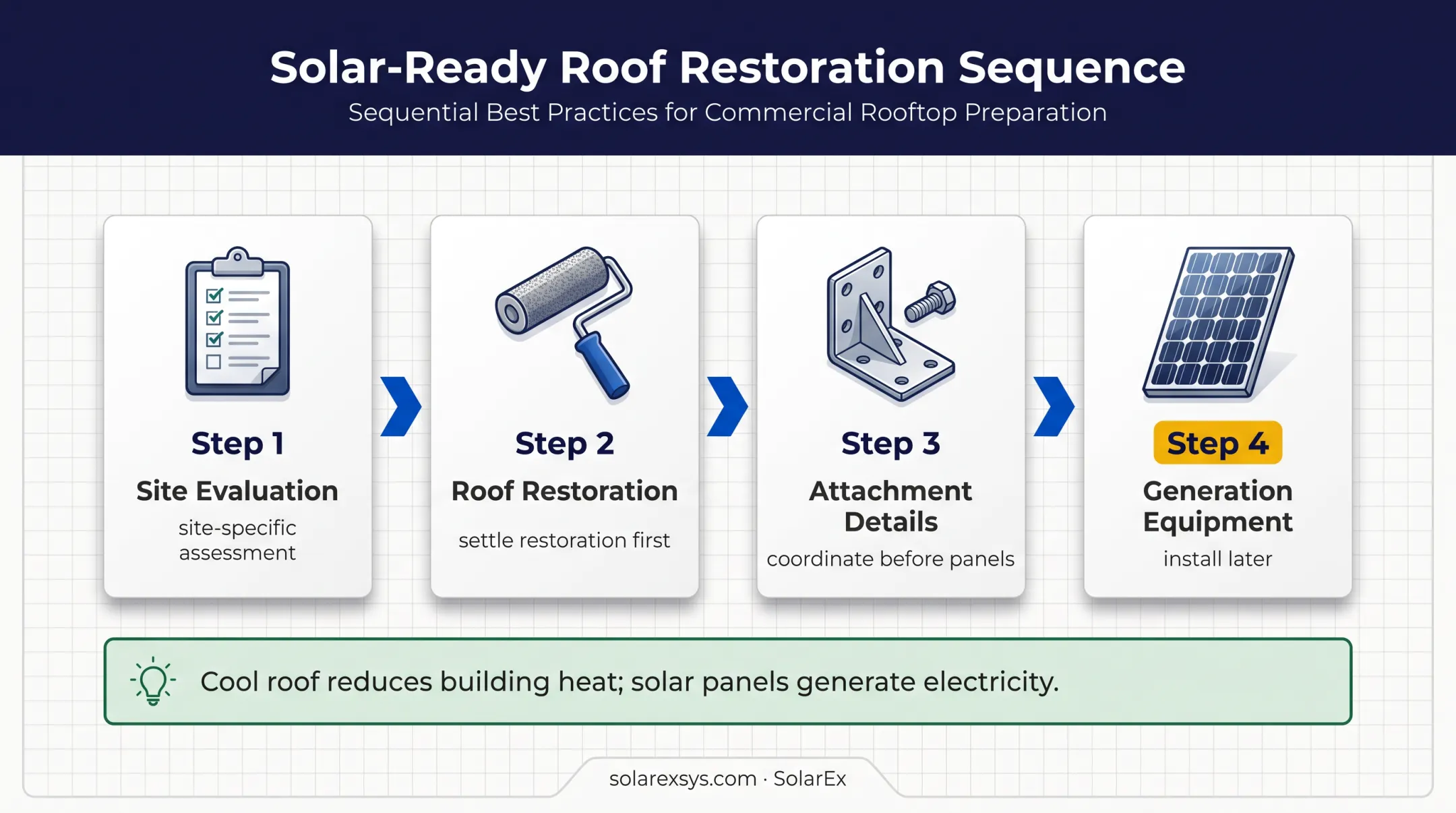 Four-stage roof restoration and solar installation coordination sequence