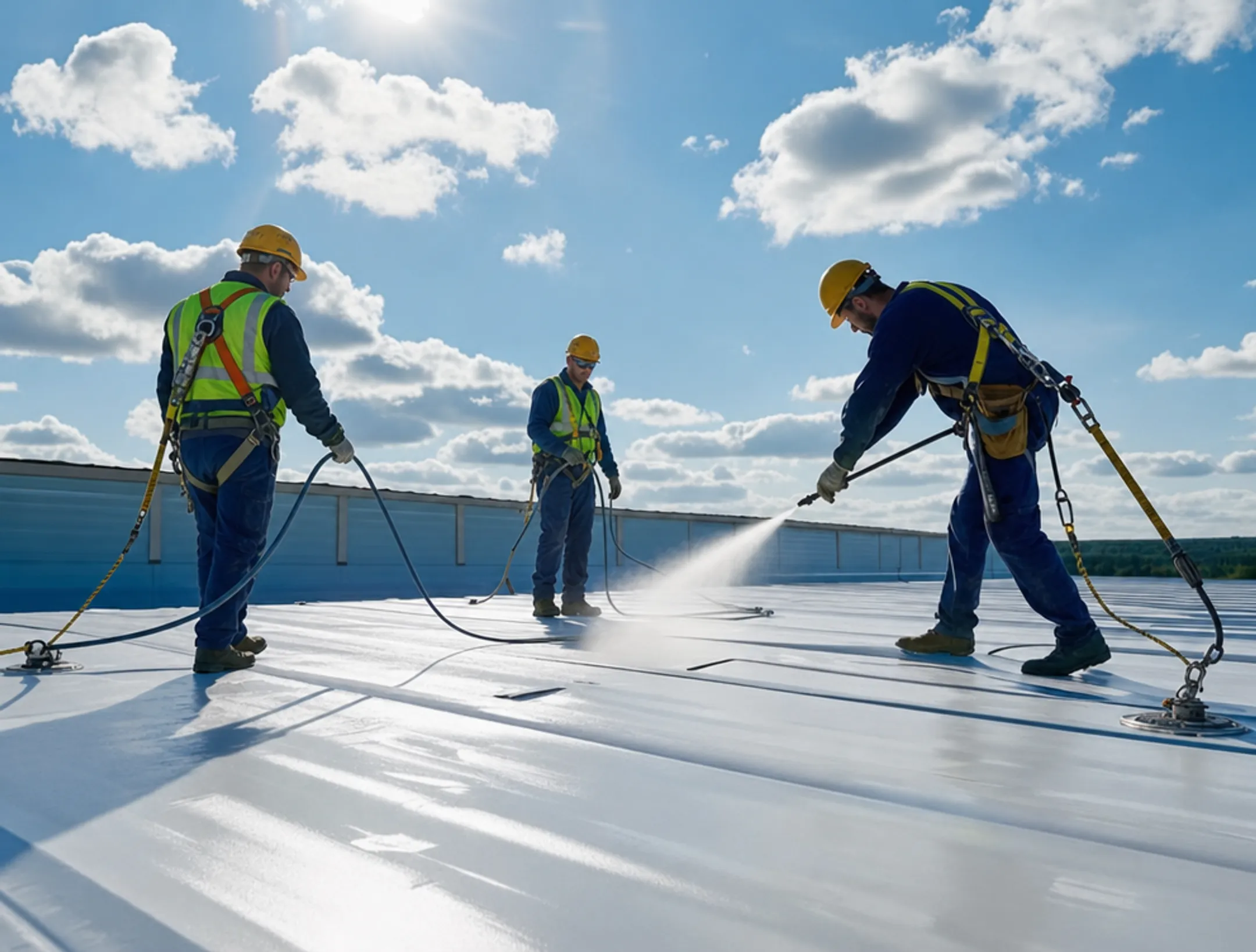 Roofing contractor applying spray coating on commercial flat roof safely