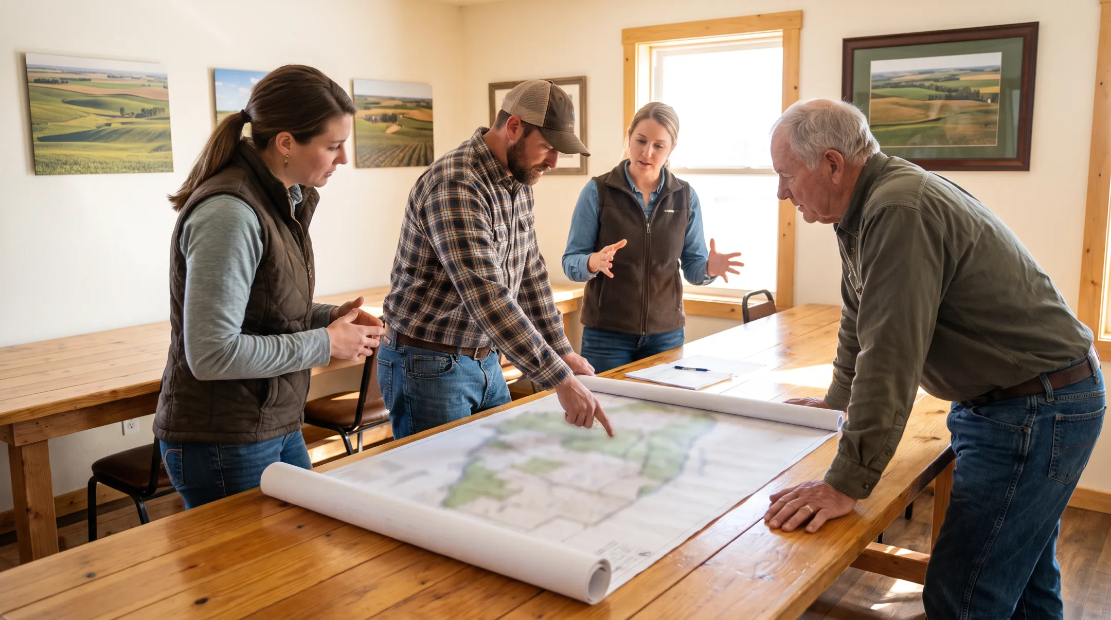 Farm planning advisors reviewing production conservation and succession goals