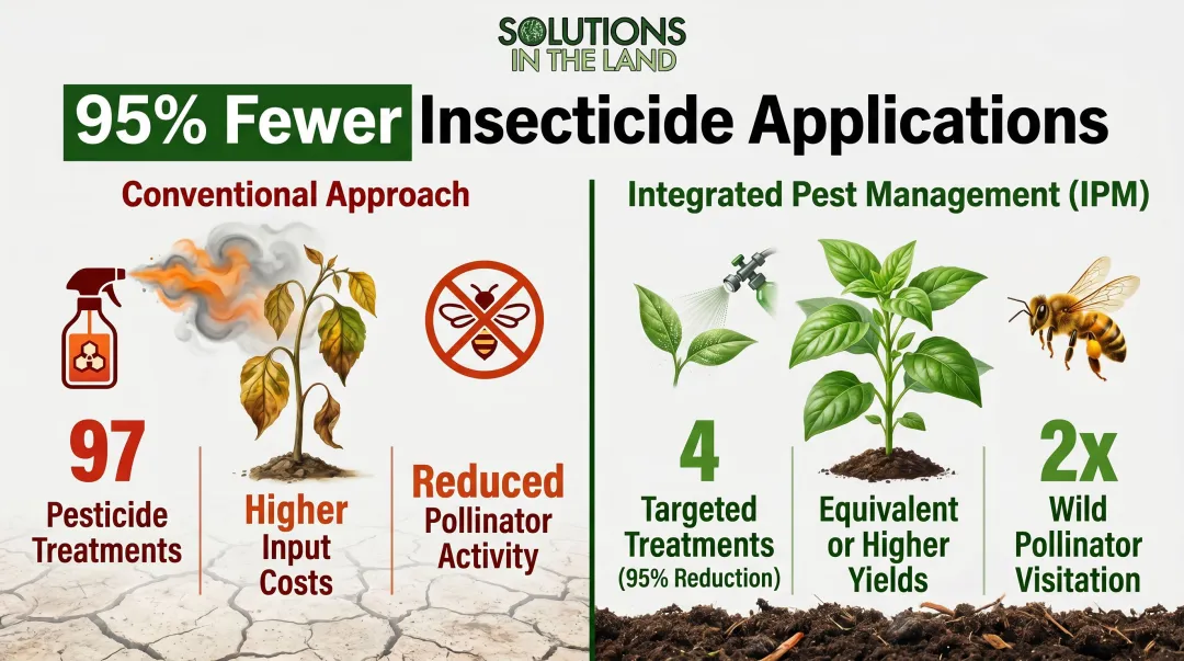 Integrated pest management versus conventional pesticide use crop yield comparison infographic