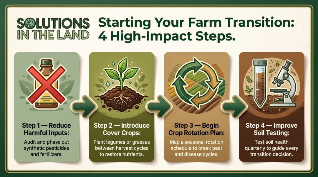 Four-step farm transition to sustainable agriculture process flow diagram