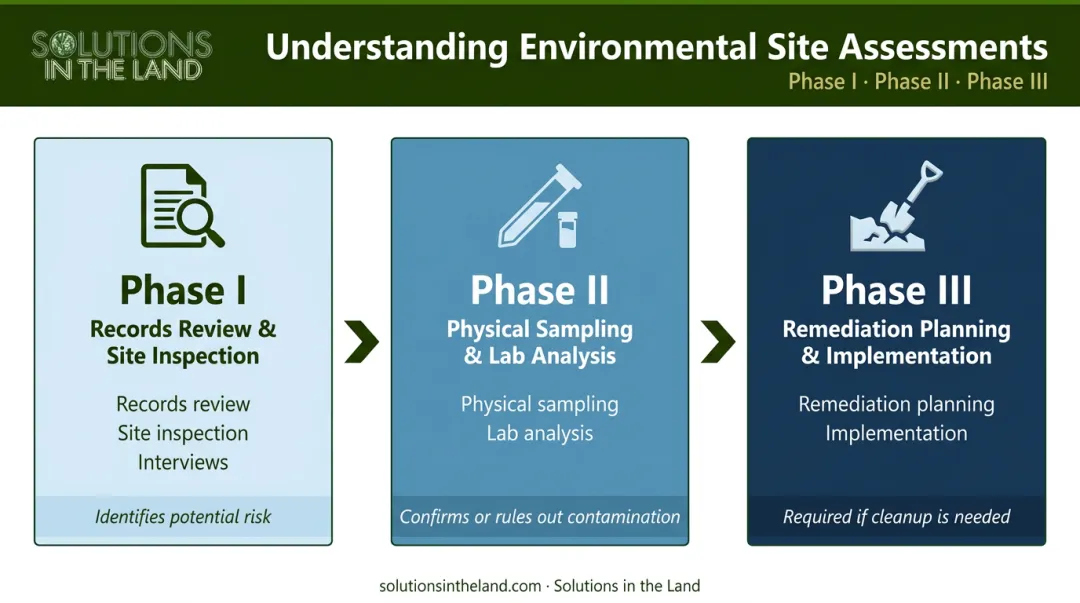 Three-phase environmental site assessment process Phase I Phase II Phase III comparison