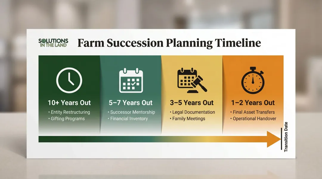 Farm succession planning timeline showing optimal start windows and key milestones