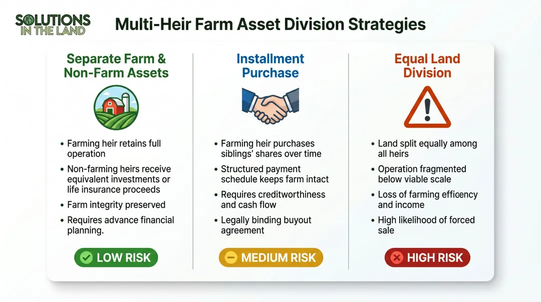 Three multi-heir farm asset division strategies comparison infographic with outcomes