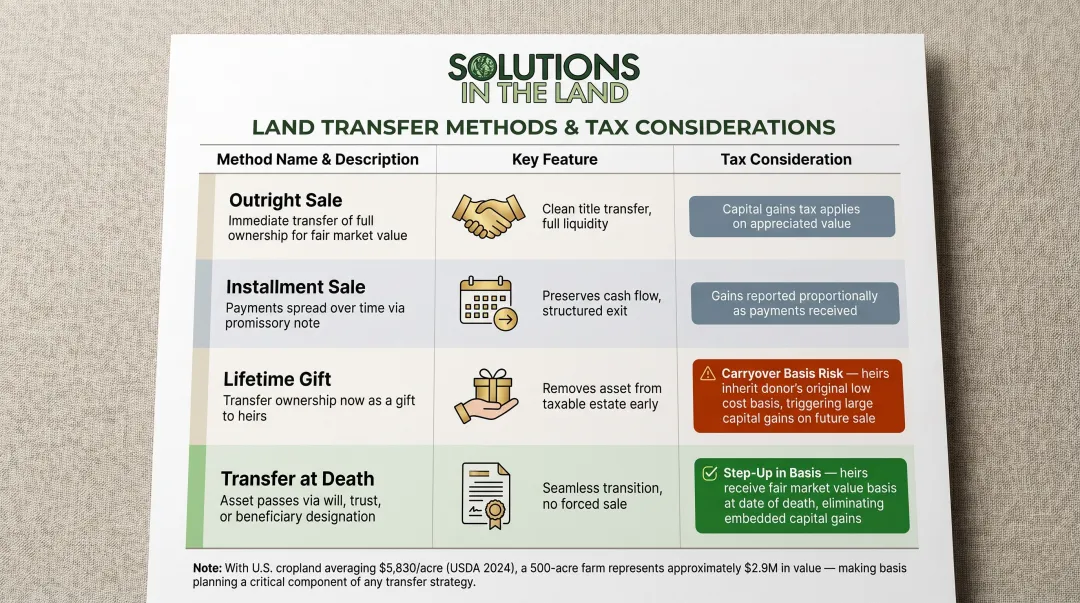 Farm land transfer methods comparison table showing tax implications and key features