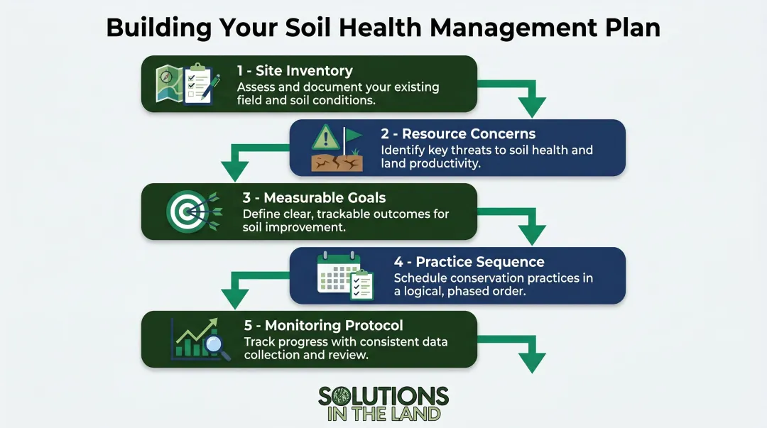 Five-component soil health management plan framework sequential steps infographic