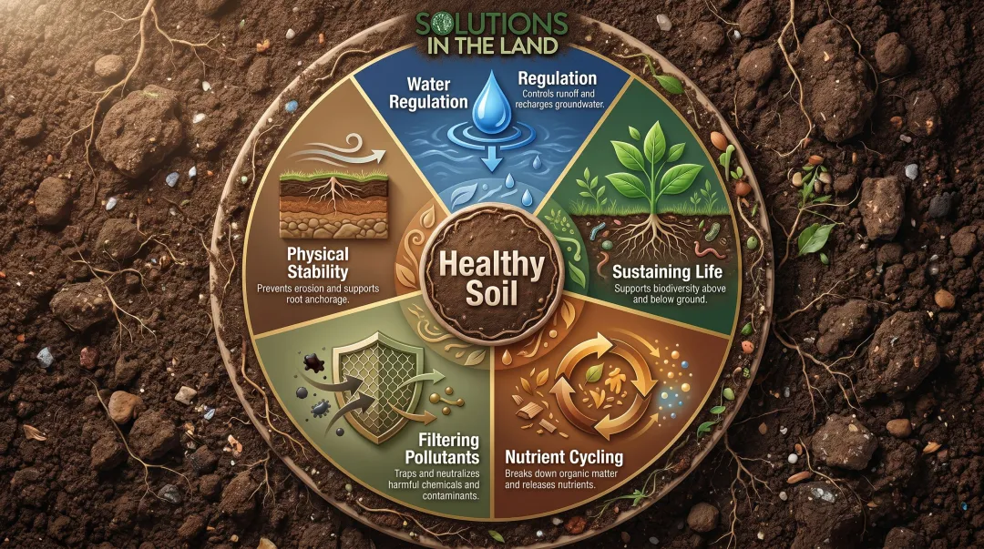 Five core healthy soil functions illustrated in circular ecosystem diagram