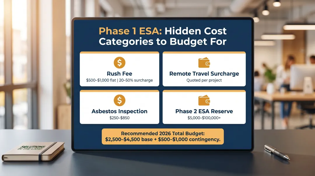 Phase 1 ESA hidden costs budget breakdown including rush fees and Phase 2 reserves