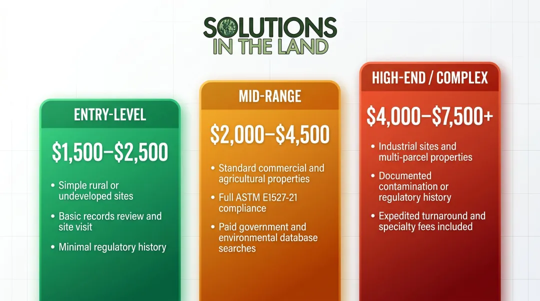 Phase 1 ESA 2026 pricing tiers from entry-level to high-end cost ranges