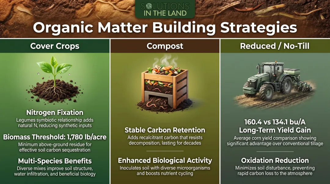 Three organic matter building strategies cover crops compost and no-till comparison