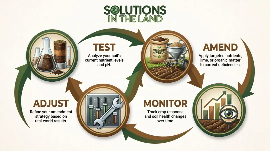 4-step soil fertility management cycle from testing to adjustment infographic